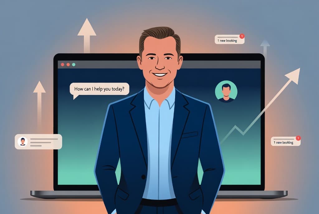 Business owner with AI chatbot and website growth notifications