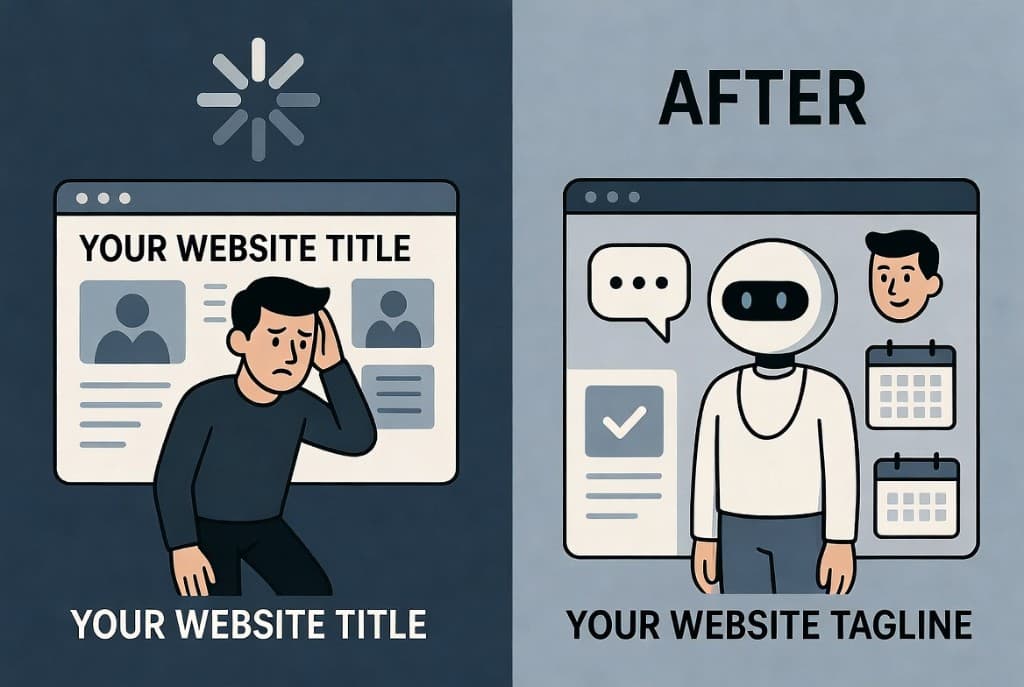 Before and after comparison of an outdated website versus a modern AI-powered site